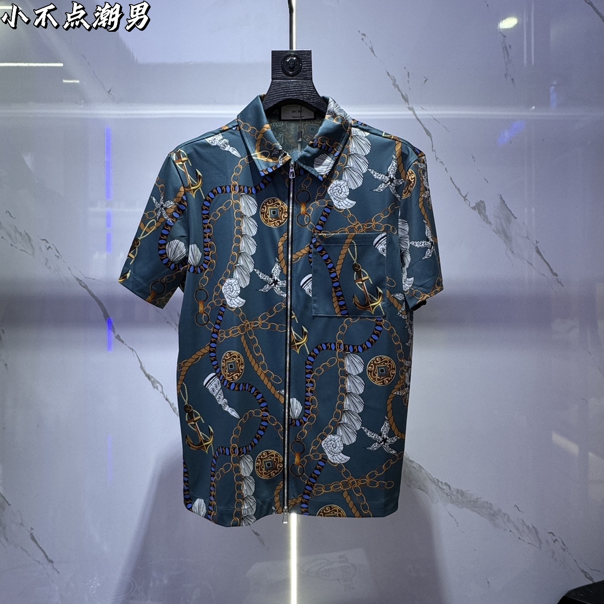 欧洲站25春夏新款网红出游度假立体数码印花男士短袖双开拉链衬衫