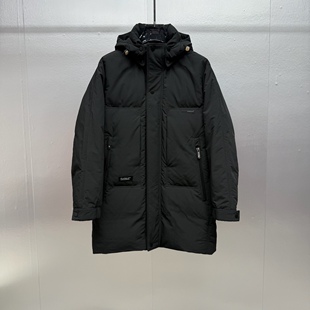 欧货轻奢黑色连帽中长款羽绒服男25冬季保暖简约派克服多口袋外套