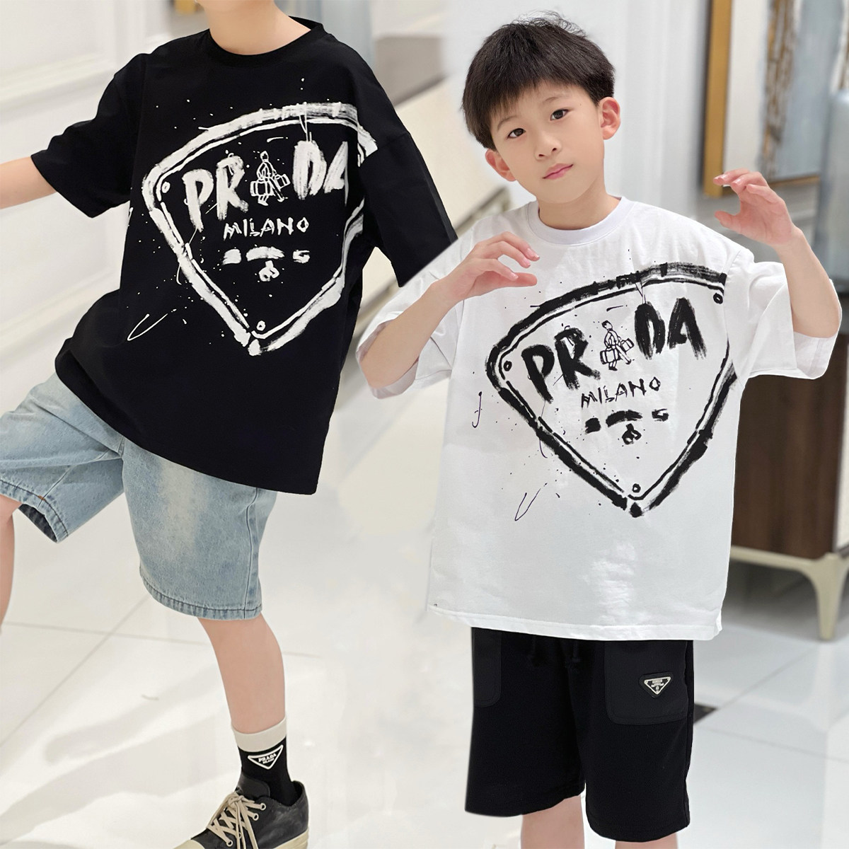 25年夏款宽松三角形印花街舞短袖男女儿童百搭长袖T恤显白可爱,童装/婴儿装/亲子装,T恤,淘宝优惠券,粉丝福利购,淘宝优惠卷