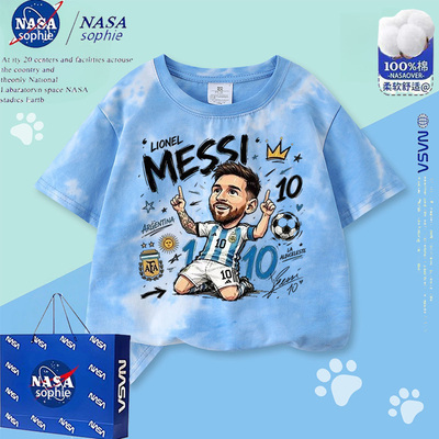 nasa世界杯衣服Q版C罗梅西t恤男女儿童纯棉短袖扎染全棉上衣夏季