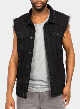 牛仔马甲Men's denim vest worn out waistcoat man singlet male
