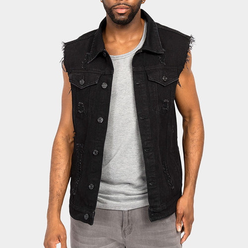 牛仔马甲Men's denim vest worn out waistcoat man singlet male