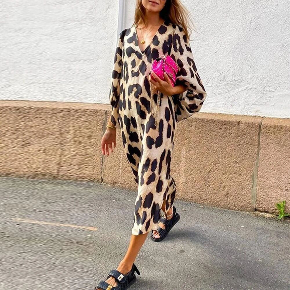 Women V-neck sexy thin dress loose leopard print Long skirt
