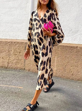 Women V-neck sexy thin dress loose leopard print Long skirt