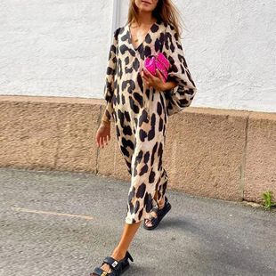 loose skirt neck Long print leopard dress thin sexy Women