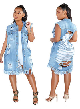 牛仔长马甲女 Women's fringe denim vest jacket long waistcoat