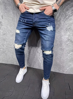 Fashionable elastic small ripped slim fit men's jeans pants
