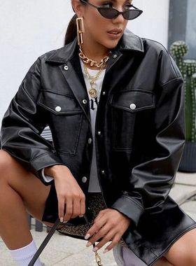 Winter leather women's shirt jacket sexy Loose coat 皮革外套