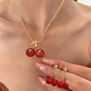 Red Cute Cherry fruit Jewelry Sweet women necklace earrings