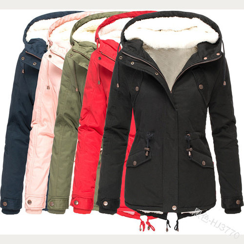 Female Winter hooded waist cinching plush warm cotton jacket