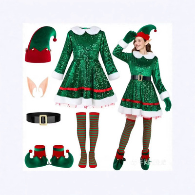 Green Elf Christmas Glitter Dress Women Party Adult costume