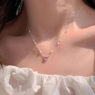 pearl necklace women pink choker love Sweet 高级感项链 girl