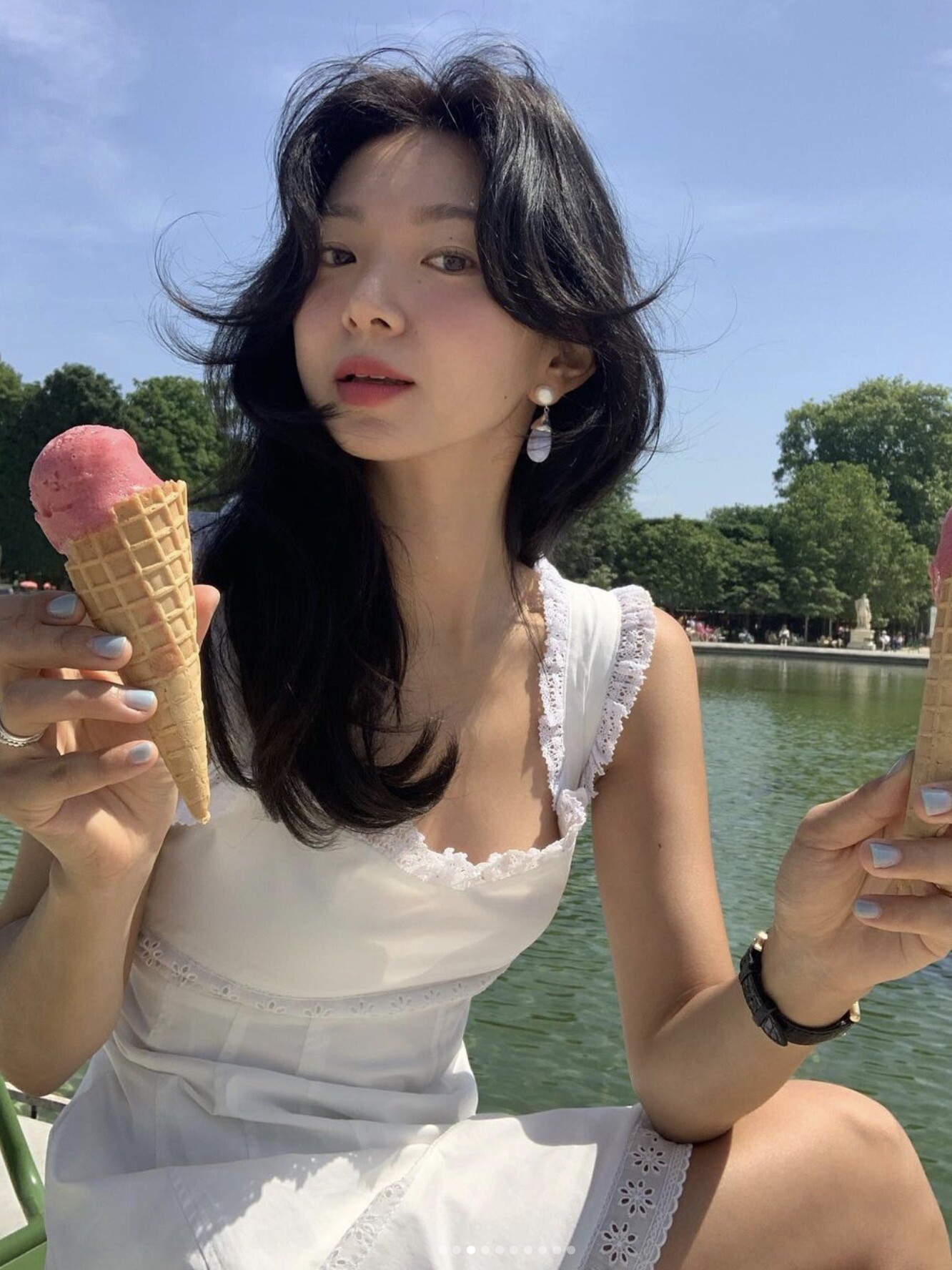 现货STU韩国ins风feve_r吊带花边一字领裹胸连衣裙显瘦A字中裙夏