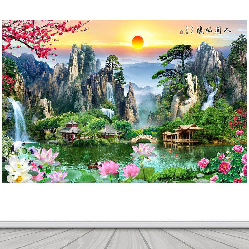 山水画人间仙境装饰图细水长流招财壁画沙发背景墙贴纸画海报自粘