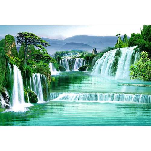 自然瀑布国画流水生财山水风景画装饰背景墙贴客厅新中式沙发中堂