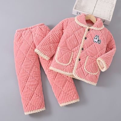 冬季加厚法兰绒儿童睡衣加绒家居服男童套装夹棉女童宝宝三层超厚