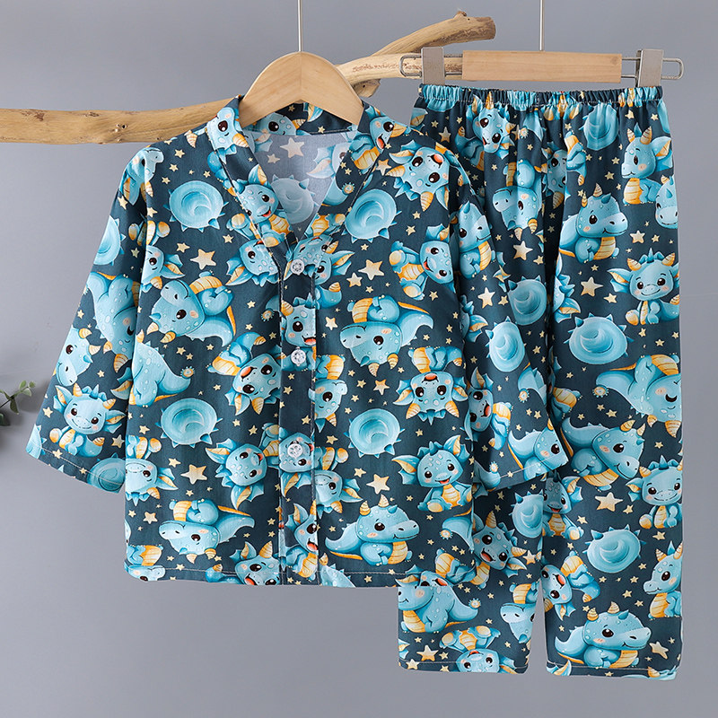 儿童莱赛尔薄款睡衣夏季男童长袖套装女童棉绸宝宝绵绸空调家居服