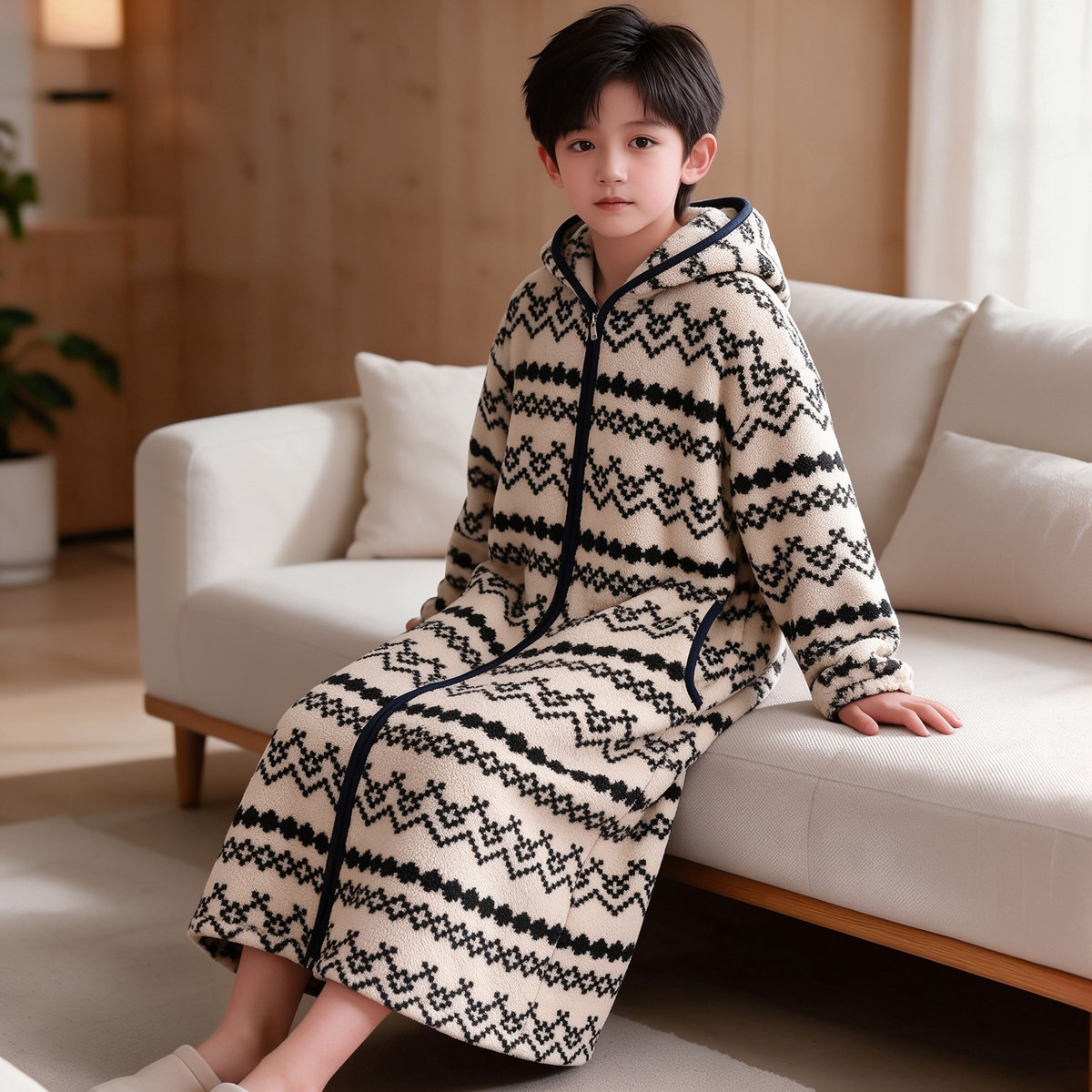 费尔岛珊瑚绒睡袍拉链连帽长款保暖家居服睡衣加厚加绒冬季儿童装