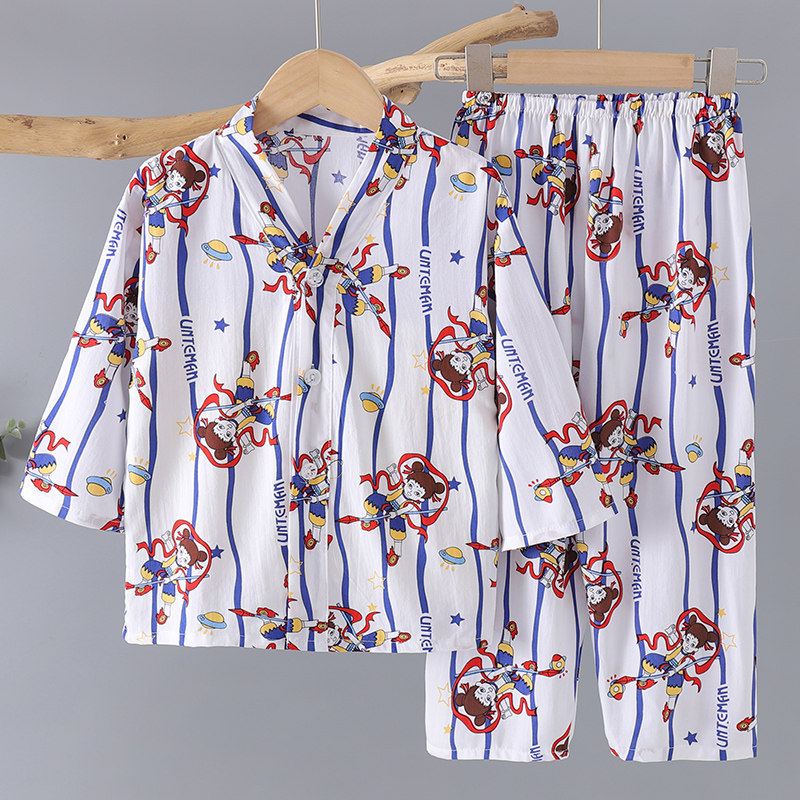 夏季男童睡衣儿童薄款莱赛尔长袖套装女童棉绸宝宝绵绸空调家居服