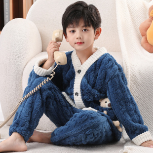 冬季 双面绒保暖法兰绒居家服可外穿服珊瑚绒 儿童睡衣男孩V领套装