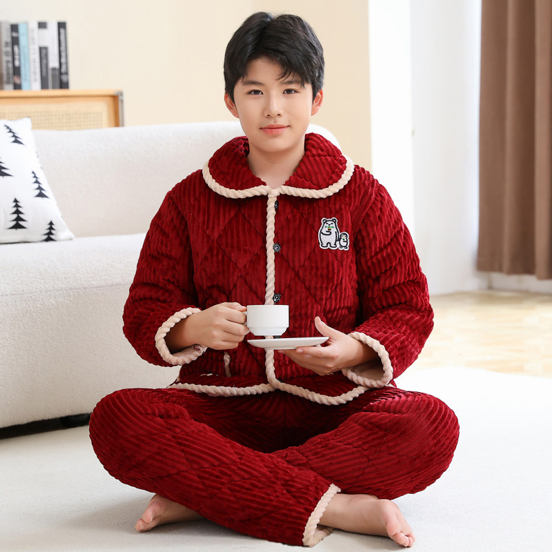 冬季青少年大童夹棉珊瑚绒睡衣三层法兰绒家居服男孩套装男童加厚