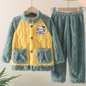 儿童法兰绒睡衣男童女童宝宝家居服秋冬季提花珊瑚绒加绒加厚套装