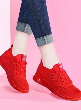 2025年夏季新款休闲女鞋透气运动鞋软底舞蹈妈妈鞋飞织韩版小红鞋