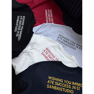 SANBAI叁佰【马到成功】春季美式基础圆领套头卫衣男390g字母长袖