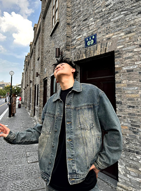 SANBAI 叁佰休闲牛仔外套夹克男士秋季水洗复古黄泥美式街头上衣