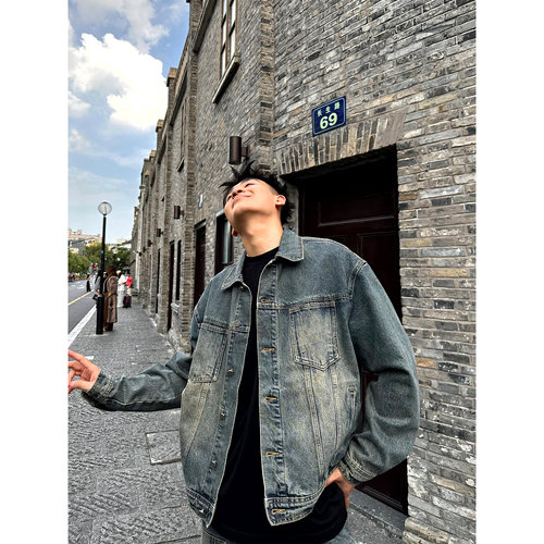 SANBAI复古黄泥重磅水洗牛仔夹克