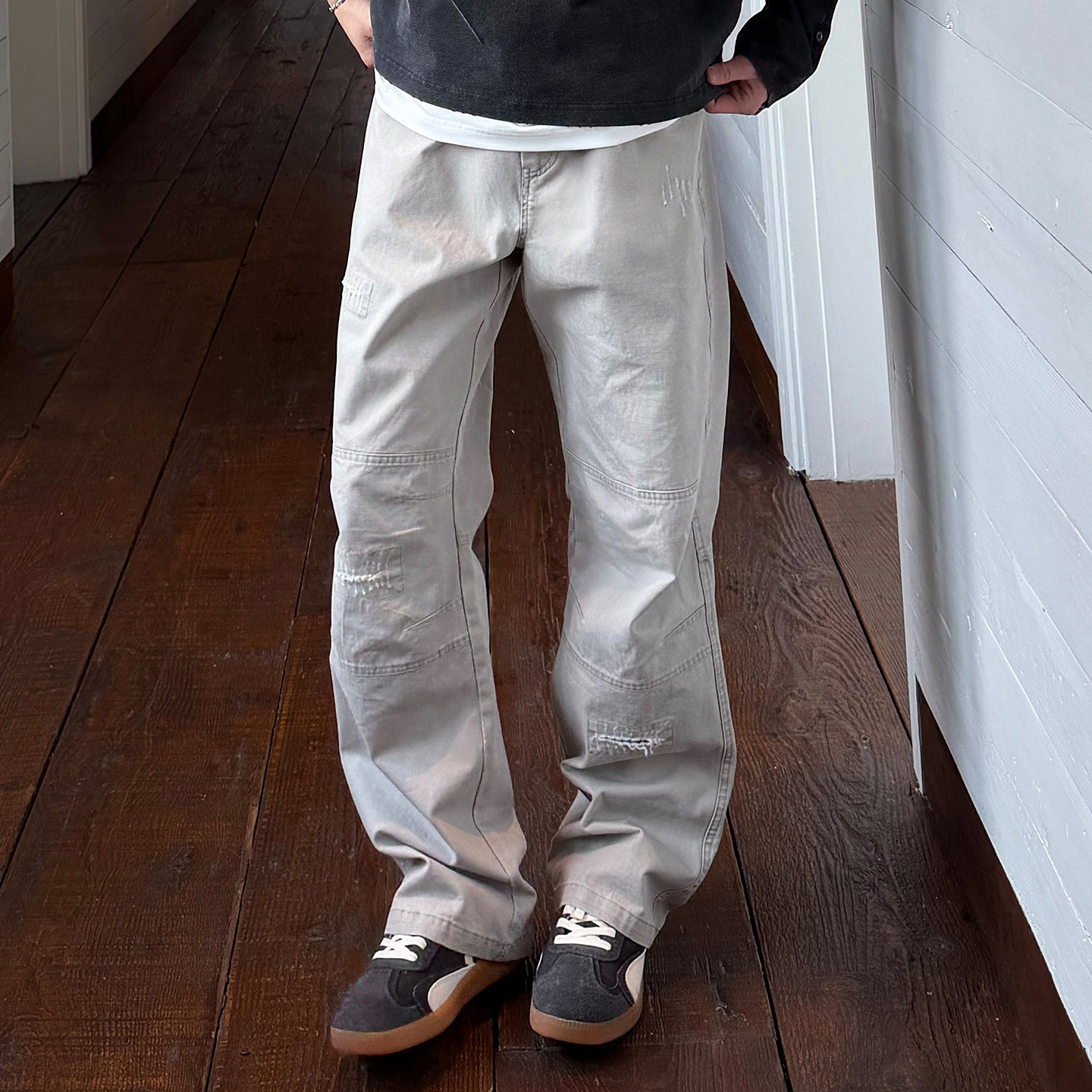 SANBAI叁佰【高街机能破洞长裤】纯棉机能休闲裤男士宽松拼接裤子