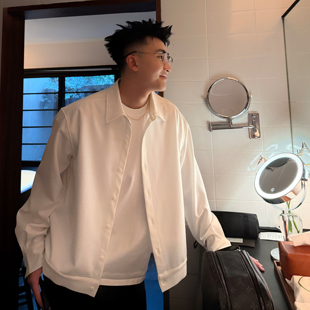 叁佰 通勤休闲翻领长袖 百搭神器 男秋季 白色牛骨扣衬衫 SANBAI