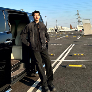 SANBAI 叁佰灰黑色做旧磨损水洗立领牛仔夹克男复古机车拉链外套