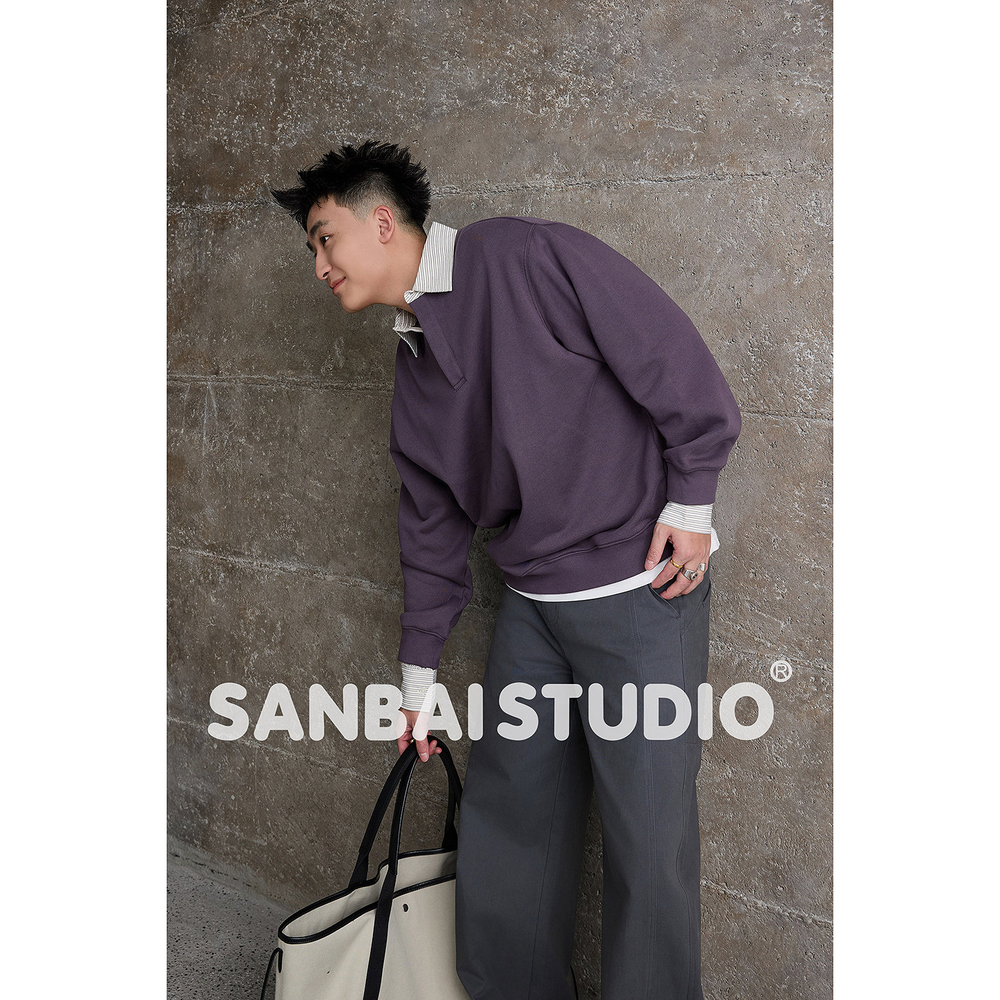 SANBAI 叁佰【假两件卫衣】秋季新款休闲长袖T恤男士400G宽松上衣