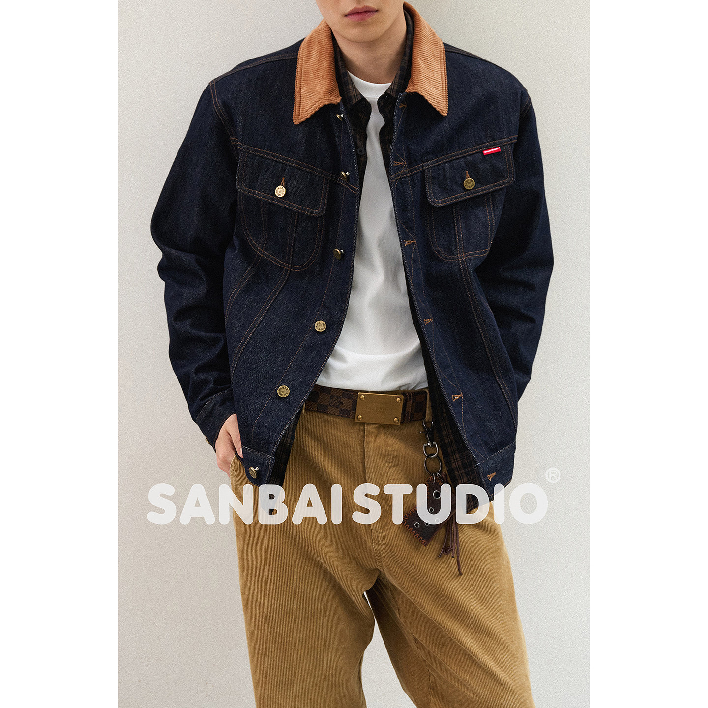 SANBAI 叁佰【猎领蓝牛】新款美式复古牛仔夹克男13盎司工装外套