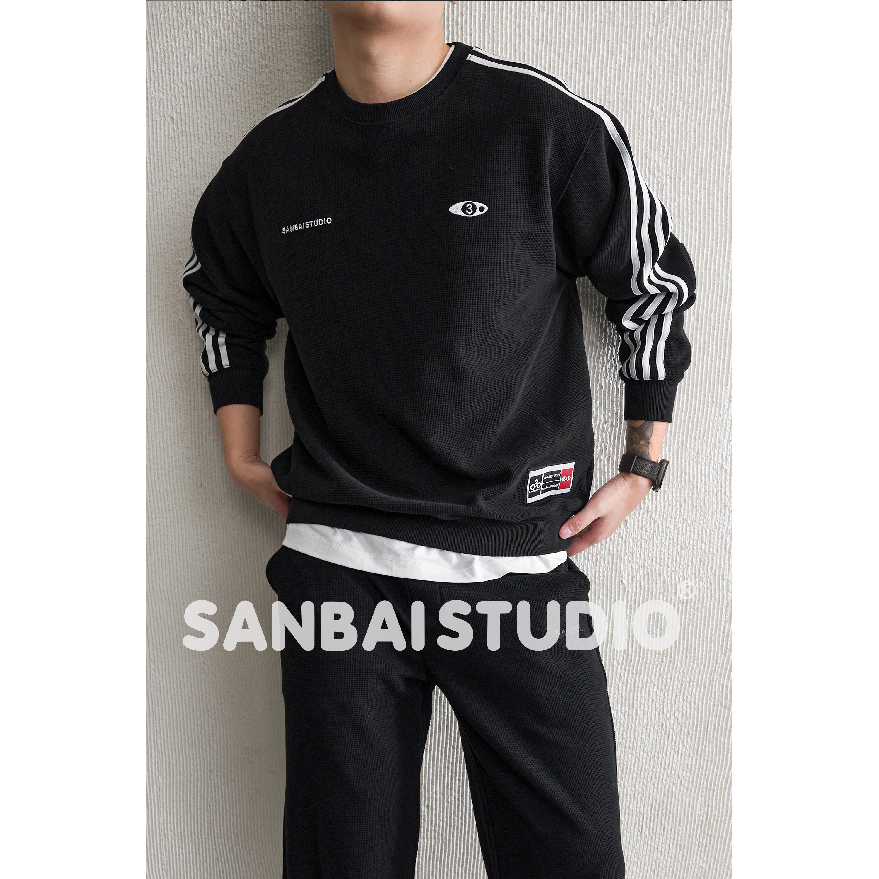 黑色卫衣复古运动SANBAI叁佰图片