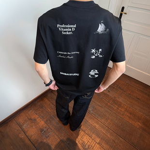 夏季 逐光旅迹 叁佰 T恤 休闲印花半袖 男针织粉浆短袖 美式 SANBAI