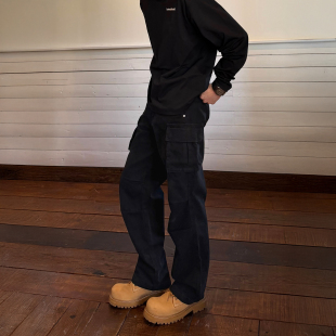 水洗做旧口袋打褶长裤 SANBAI叁佰 男士 宽松直筒伞兵裤 复古工装