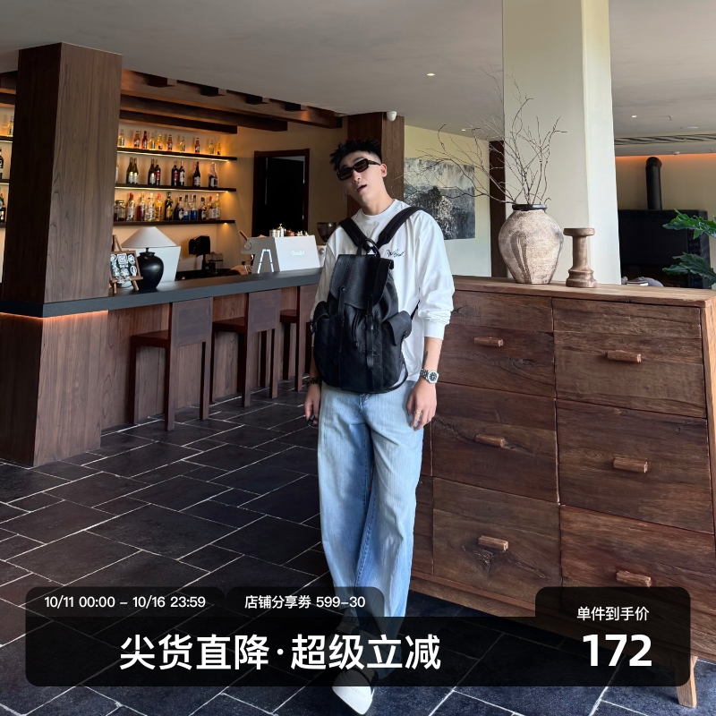SANBAI叁佰浅蓝竹节牛仔裤