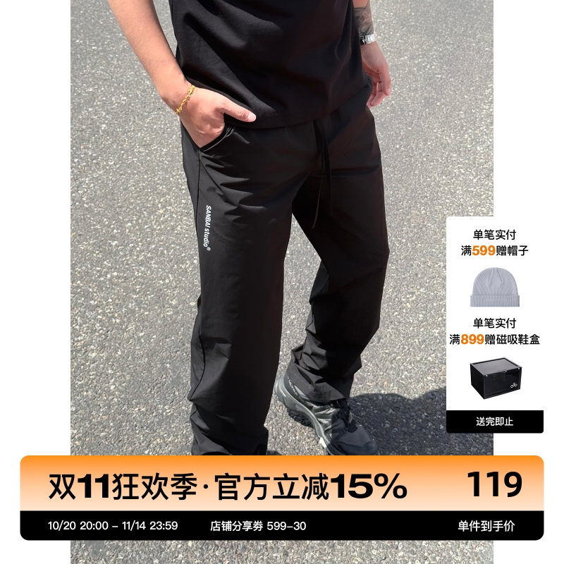 SANBAI叁佰黑色反光字母直筒长裤