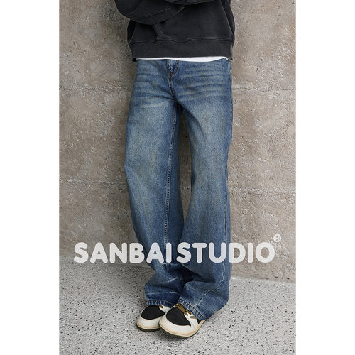SANBAI叁佰泼墨做旧猫须牛仔裤