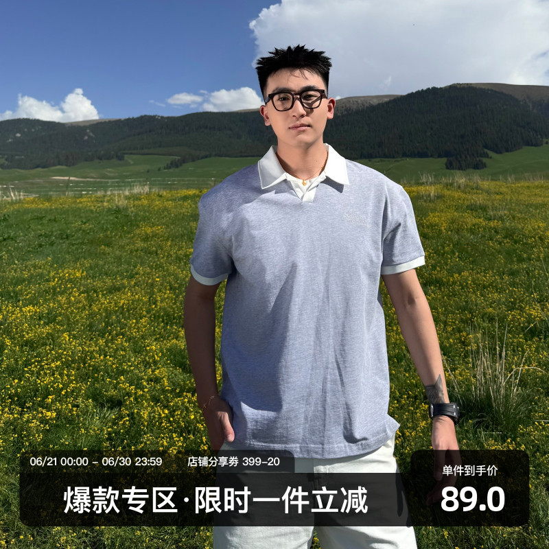 SANBAI叁佰灰色假两件短袖POLO衫