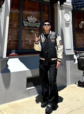 SANBAI 叁佰战斗学院黑色棒球服皮衣夹克外套男冬季新款美式棉衣