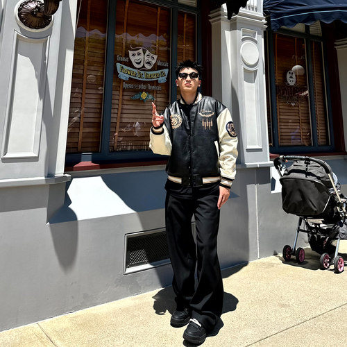 SANBAI黑色麦穗刺绣棒球夹克棉服