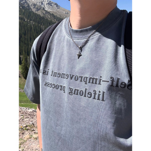 叁佰 休闲复古水洗印花短袖 做旧T 夏季 灰色重磅纯棉男士 SANBAI