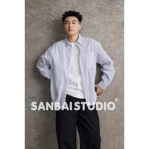 SANBAI叁佰格纹拼条纹翻领衬衫