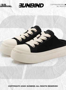 3unbind·3B大头鞋【黑白半拖】厚底增高帆布鞋男休闲百搭包头拖