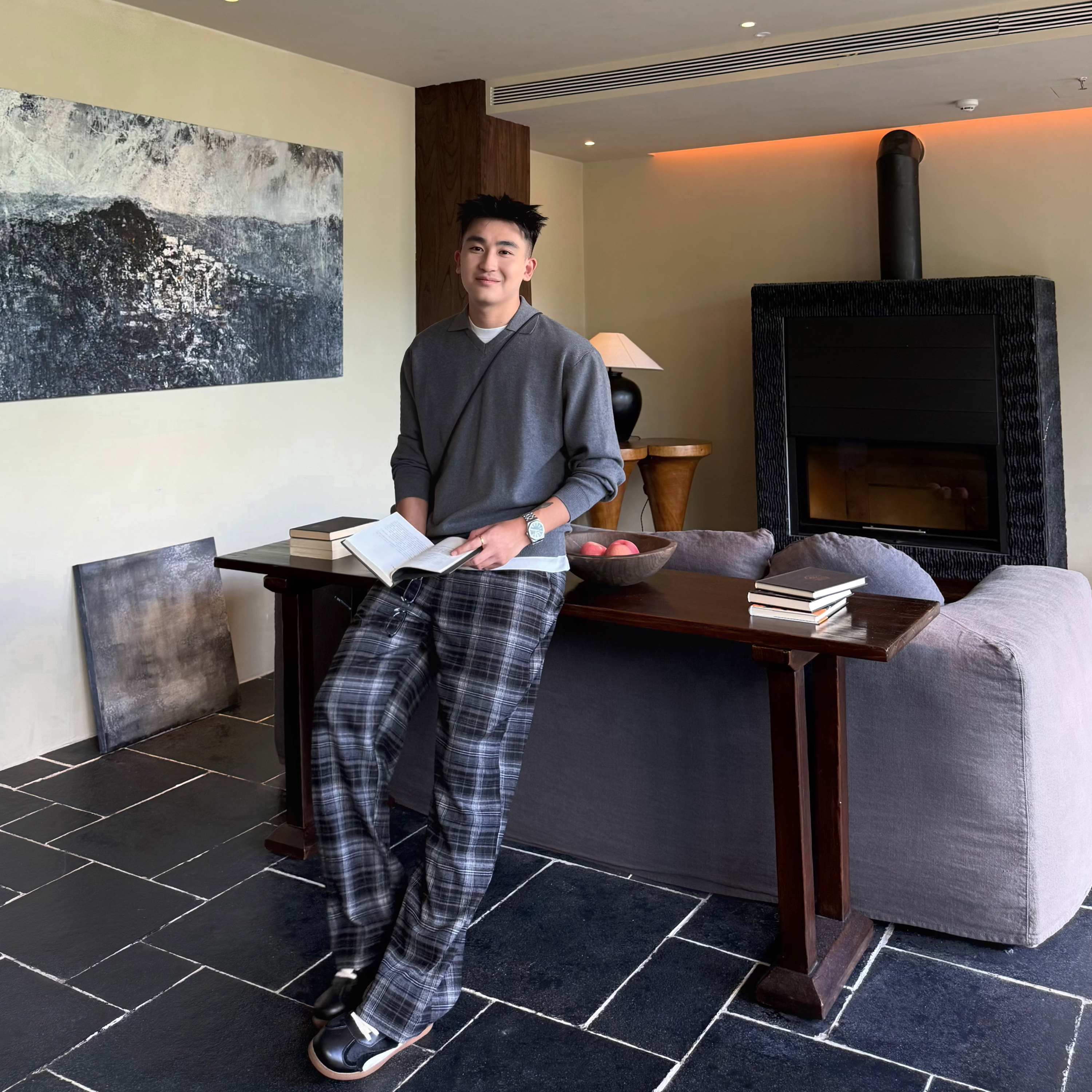 SANBAI叁佰黑色格纹休闲裤