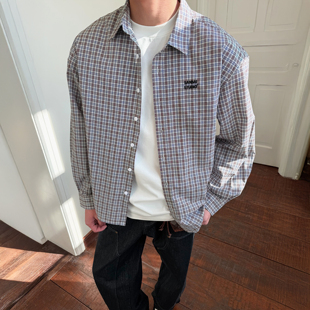 男士 SANBAI叁佰 衬衫 宽松春季 复古撞色刺绣廓形衬衣 MIU系格纹