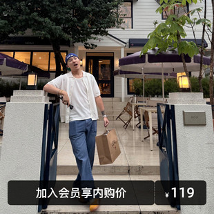 男春季 SANBAI 蓝色水洗贴袋牛仔裤 泼墨法工长裤 纯棉直筒 叁佰